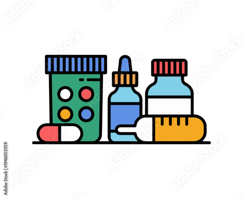 A colorful vector illustration of various medicine bottles and pills on a white background
