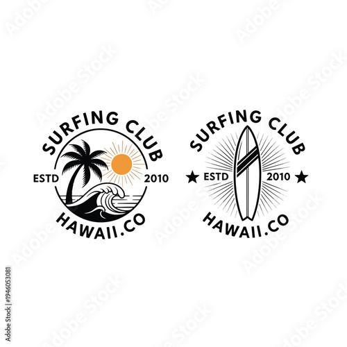 Retro Surfing Club Emblems for Hawaiian Beach Culture and Summer Vacation Activities