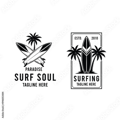 Retro Surfing Badges, Tropical Palm Tree and Surfboard Vector Logo Designs