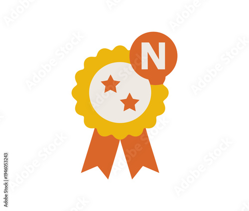 A vector graphic illustration of a yellow and orange award ribbon with stars and a letter N