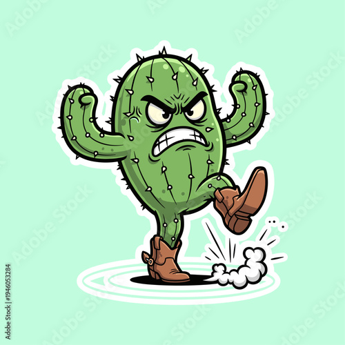 Angry cartoon cactus in boots kicking.