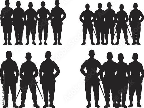 Military soldier group silhouettes standing together, army team formation, tactical soldiers illustration, defense security personnel black silhouette set