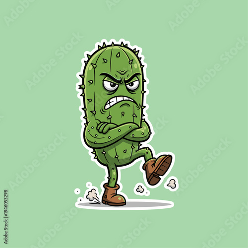 Angry Cartoon Prickly Green Cactus Character.