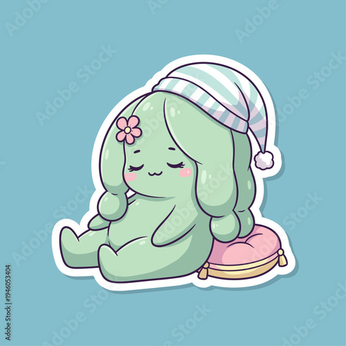 Cute cartoon green creature with hat.