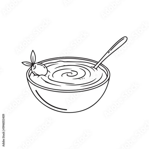Bowl of Hummus with Olive and Spoon Hand Drawn Style Food Illustration