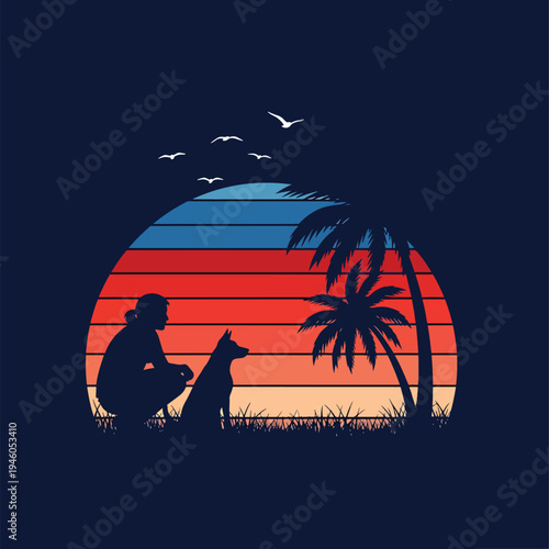 Serene tropical sunset illustration with person and dog companions, retro vector art