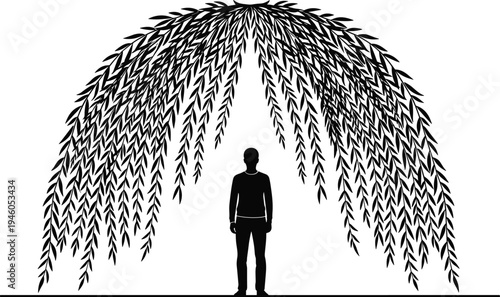 Person standing under weeping willow tree silhouette with long hanging branches, peaceful nature landscape illustration isolated on white