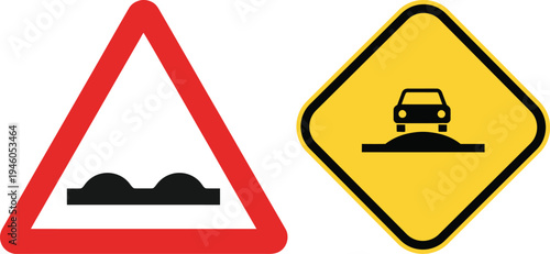 Road signs warning of uneven road and truck dumping