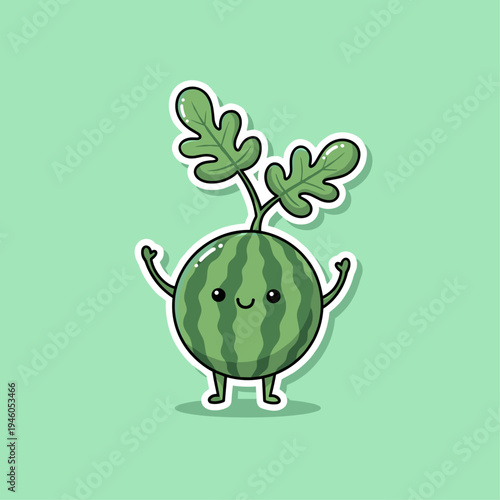 Smiling cartoon watermelon character with leaves.