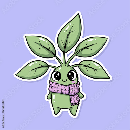 Cartoon plant creature with scarf on.