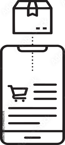 A smartphone with a shopping cart on its screen and a package above it