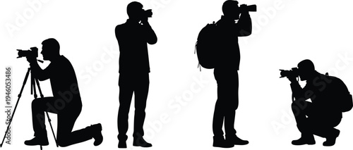 Photographer silhouette set taking pictures with camera and tripod, professional photography concept illustration isolated on white