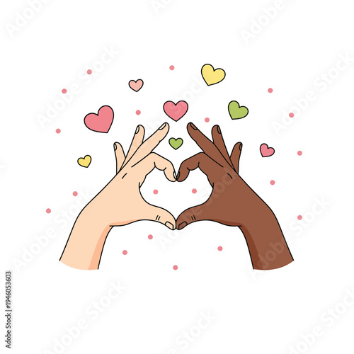 Diverse hands forming a heart shape, symbolizing unity, love, and inclusion in a vector illustration