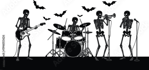 Skeleton band performing music with guitar drums and trumpet, Halloween spooky concert illustration with flying bats isolated