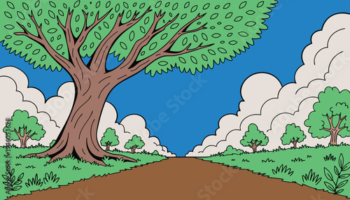 A large tree stands on the side of a dirt road