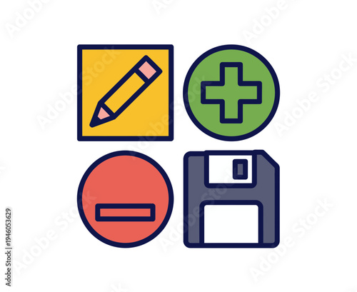 A colorful vector graphic illustration of basic editing icons including a pencil, plus sign, minus sign, and floppy disk.