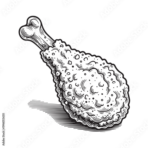 Crispy Fried Chicken Drumstick with Bone Line Art Illustration