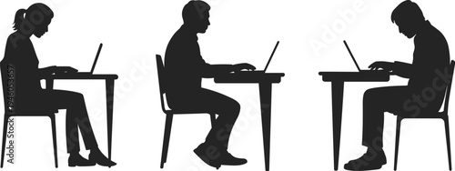 Students studying with laptops silhouette set, online education and digital learning concept, university study lifestyle illustration isolated on white