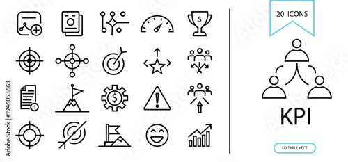 KPI icon set. KPI dashboard metrics. Strategic planning. Performance indicator. Marketing statistics. Management tools.  Editable stroke. Vector illustration.