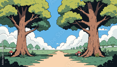 Vibrant cartoon landscape of Whimsical meadow path leading to majestic snow-capped mountains Vector