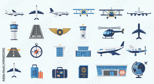 Collection of Aviation and Travel Related Vector Icons.