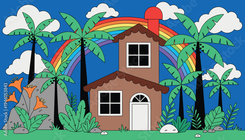 Vibrant cartoon landscape of Serene landscape with rolling hills and mountain peaks beneath a bright sky Vector