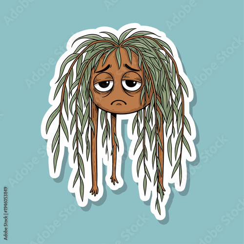 Sad Cartoon Character with Long Hair.