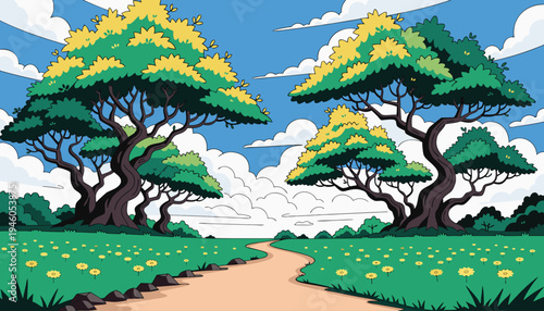 Vibrant cartoon landscape of A serene countryside scene with winding paths and quaint houses nestled in nature Vector