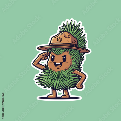 Cartoon tree character wearing hat smiling.