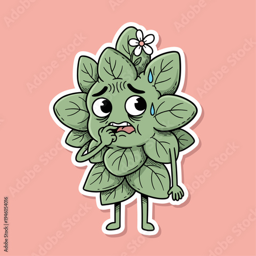 Cartoon leaf character looking worried sick.