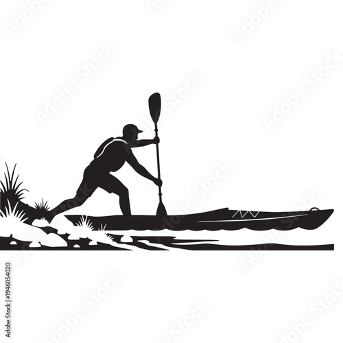 A person in a kayak paddles through calm waters in a serene natural setting silhouette