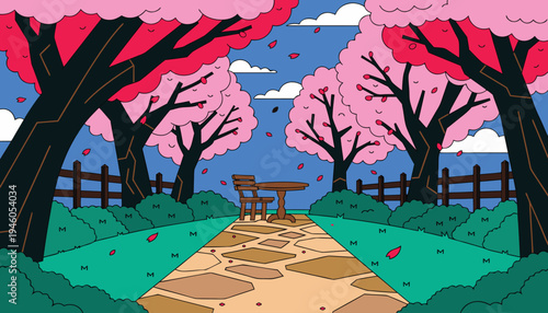 A serene park scene with a walking path and blooming cherry blossom trees