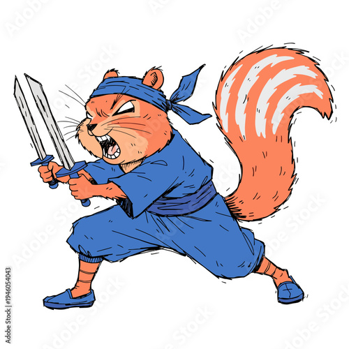 Dynamic vector illustration of a fierce ninja squirrel warrior wielding katanas in a ready-for-battle stance, showcasing determination and agility
