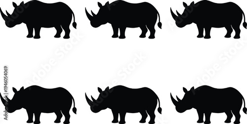 Six black rhino silhouettes are arranged in two rows of three against a white background, showcasing their powerful forms.