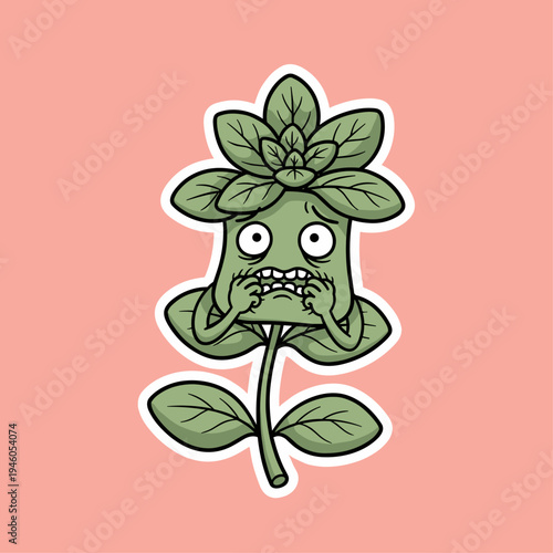 Cartoon plant with worried face expression.