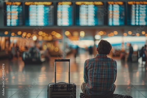Passenger waiting in airport with canceled flights on departure board