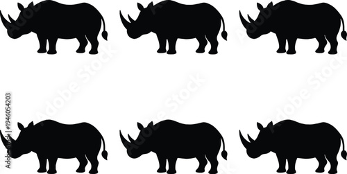 Six black rhinoceros silhouettes arranged in two rows on a white background, representing wildlife and conservation themes.