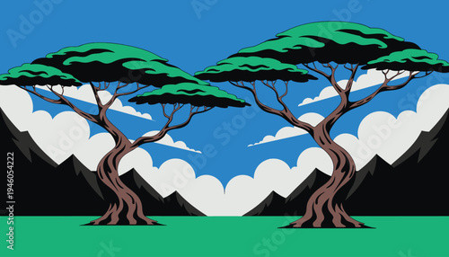 Two trees with green leaves on a grassy plain