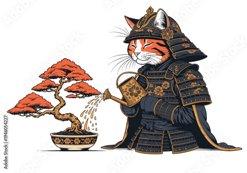 Unique vector illustration of a wise cat samurai gently watering a meticulously cultivated bonsai tree, embodying patience, tradition, and the art of Japanese horticulture