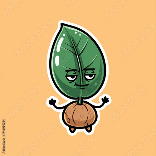 Cartoon leaf character with face.