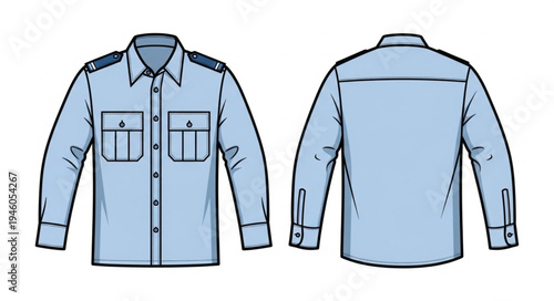 Light Blue Long-Sleeved Shirt with Pockets and Shoulder Straps.