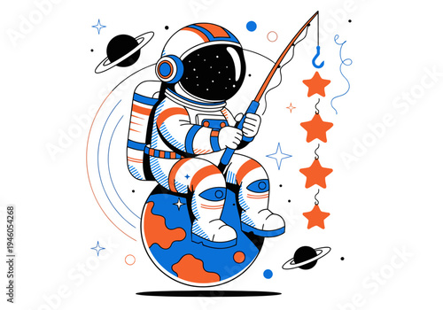 Whimsical vector illustration of an astronaut fishing for stars from a small planet, a charming depiction of cosmic dreams, ambition, and imaginative space exploration