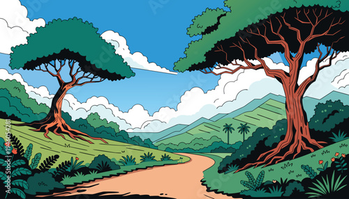 A dirt road between two large trees