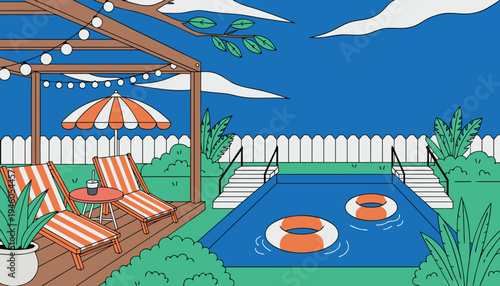 Vibrant cartoon landscape of Whimsical garden path leading to an enchanting hidden retreat amidst lush greenery Vector