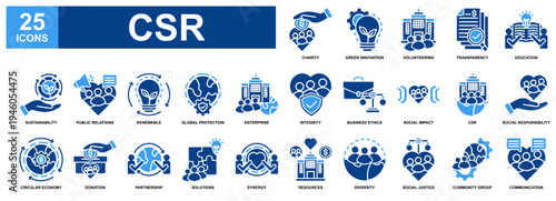 Corporate Social Responsibility (CSR) icon set collection. Containing design Charity, Sustainability, Volunteering, Education, Donation
