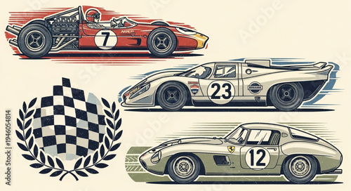 Vintage Racing Cars and Checkered Flag Illustration.