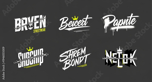 Collection of stylized word art designs with unique typography and crown accents.