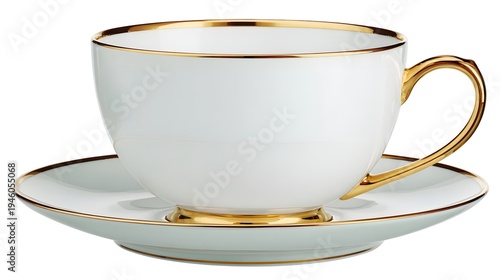 Elegant White Porcelain Teacup and Saucer with Gold Trim.