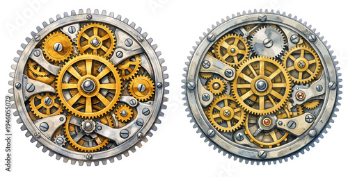 A watercolor collection of vintage watch mechanisms and clockwork gears for steampunk designs, mechanical engineering illustrations, watchmaking graphics, and industrial decor.