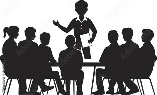 Business meeting discussion silhouette with team and leader presenting ideas, corporate teamwork planning session illustration concept